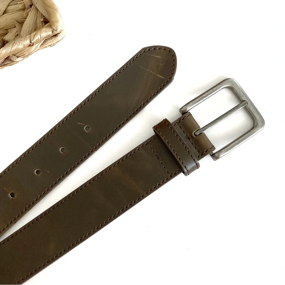 Men’s Brown Leather Belt Silver Buckle 38